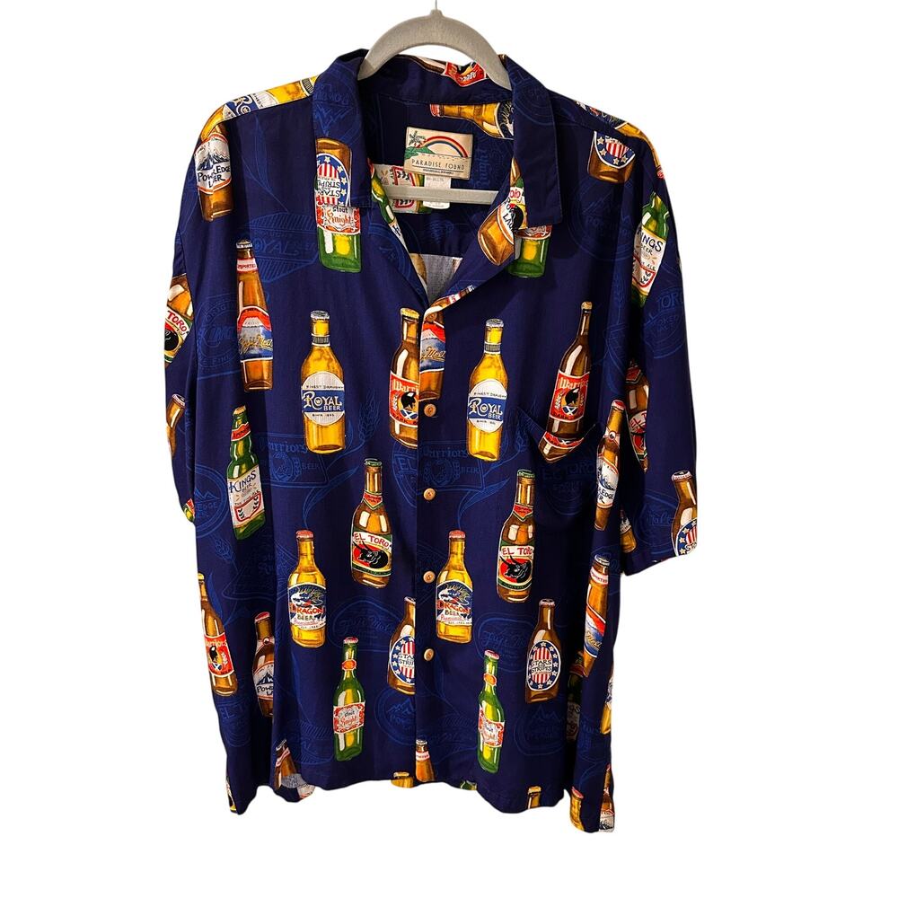 Paradise Found Honolulu Hawaii Beer Bottle Aloha Shirt Blue, size XL